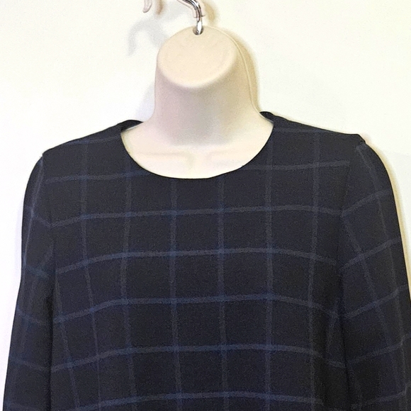 ZARA Trafaluc Collection Navy Blue Plaid Long Sleeve Ruffle Hem Dress, Large - Picture 7 of 15